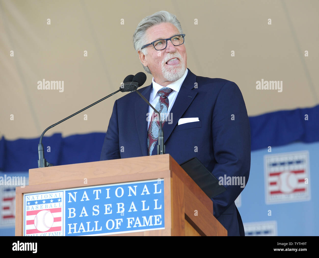 Jack Morris liefert seinen Baseball Hall of Fame induction Rede bei der Clark Sportzentrum in Cooperstown, New York am 29. Juli 2018. Eine Aufzeichnung 60 Hall of Famers sind geplant in Central New York, Vladimir Guerrero, Trevor Hoffman, Chipper Jones, Jack Morris, Jim Thome und Alan Trammell am National Baseball Hall of Fame und Museum während der Hall of Fame Wochenende zu Ehren am Juli 27.-30. Foto von George Napolitano/UPI Stockfoto