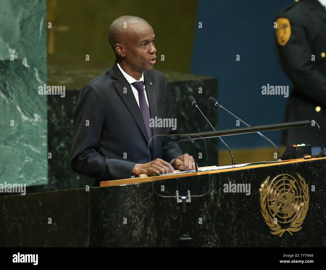 Jovenel Moise, Präsident von Haiti, spricht am 73. Allgemeine Aussprache bei der Generalversammlung der Vereinten Nationen am Sitz der Vereinten Nationen in New York City am 27. September 2018. Foto von Monika Graff/UPI Stockfoto