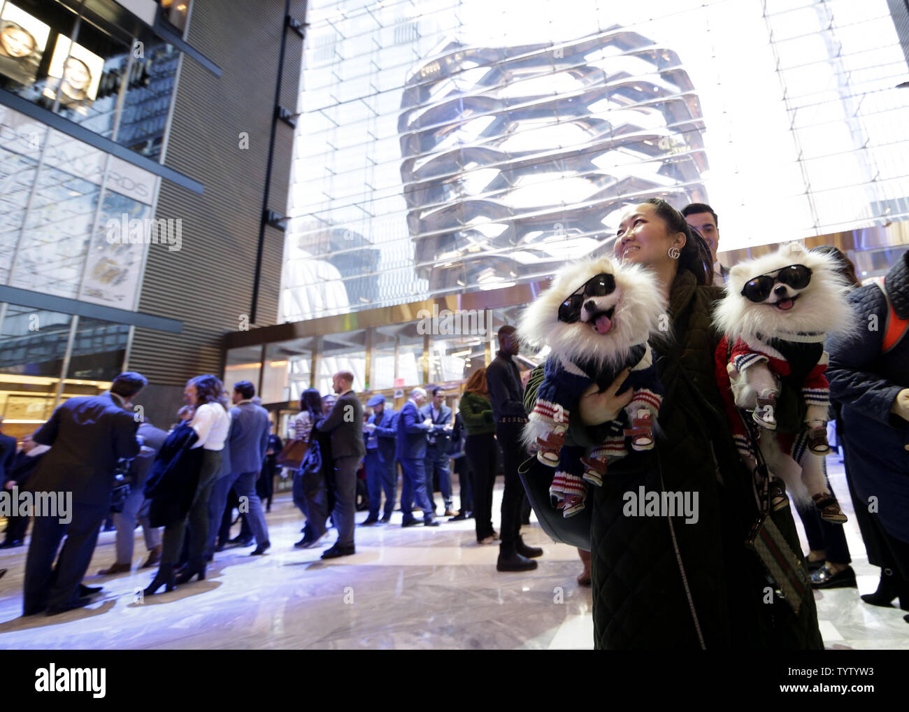 Eine Frau trägt zwei Hunde am Eingang des Grand Opening von Hudson Yards in New York City am 14. März 2019. Eine sehr hohe Skulptur namens Behälter bis aus 2.500 Verdrehen der Öffentlichkeit kann klettern geplant ist Freitag als die visuelle Herzstück von Hudson, welche Werften ist ein $ 25 Mrd. städtischen Komplex auf der West Side von Manhattan, ist die Stadt der ehrgeizigsten Entwicklung seit dem Wiederaufbau des World Trade Center zu öffnen. Bei vollständig abgeschlossen, die 28 Hektar große 11-Hektar großen Gelände wird 16 Türme von Wohnungen und Büros gehören, ein Hotel, eine Schule, die höchste outdoor Observation Deck in der westlichen Hemisph Stockfoto