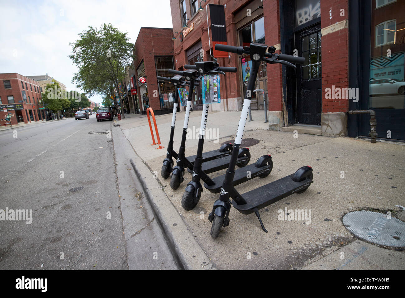 Vogel elektrische Verleih Motorroller auf dem Bürgersteig in Chicago, IL USA links Stockfoto