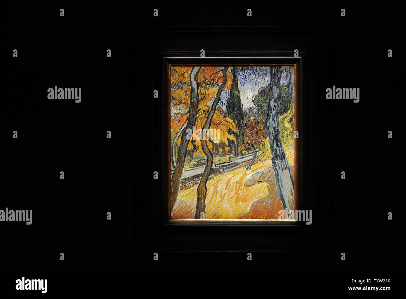 Arbres dans le Jardin de l'asile, Öl auf Leinwand, 1889 von Vincent van Gogh ist auf Anzeige bei Christie's 20. Jahrhundert Woche drücken Sie die Vorschau Ihrer wichtigsten Mai Auktion Serie am 03.Mai 2019 in New York City. Foto von John angelillo/UPI Stockfoto
