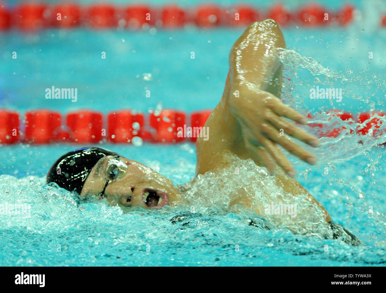 Japans Takeshi Matsuda konkurriert in der Männer 400 m Freistil am National Aquatic Center (Water Cube) während der Olympischen Sommerspiele 2008 in Peking, China, am 9. August 2008. (UPI Foto/Roger L. Wollenberg) Stockfoto