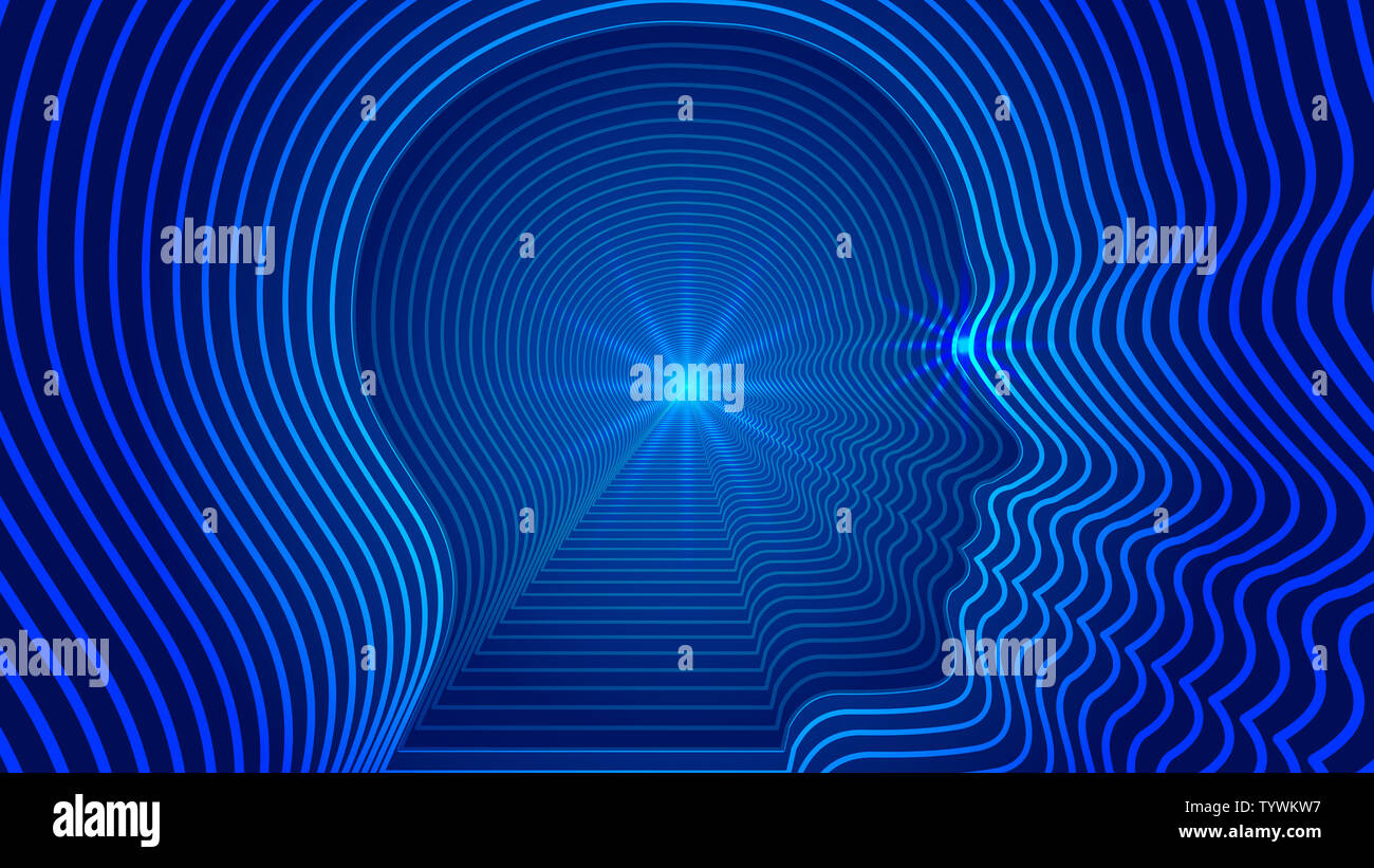 AI künstliche Intelligenz, Linien bilden die Umrisse des menschlichen Kopfes. Wissenschaft, Technologie und Engineering Konzept. Stockfoto
