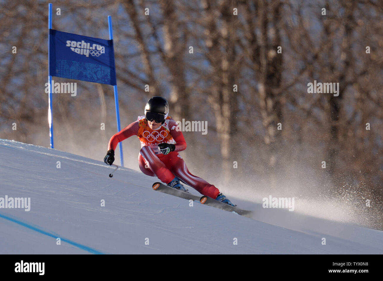 Der Schweiz Lara Gut konkurriert in der Abfahrt der Damen bei den Olympischen Winterspiele 2014 in Sotschi am 12. Februar in Krasnaja Poljana, Russland 2014. UPI/Kevin Dietsch Stockfoto