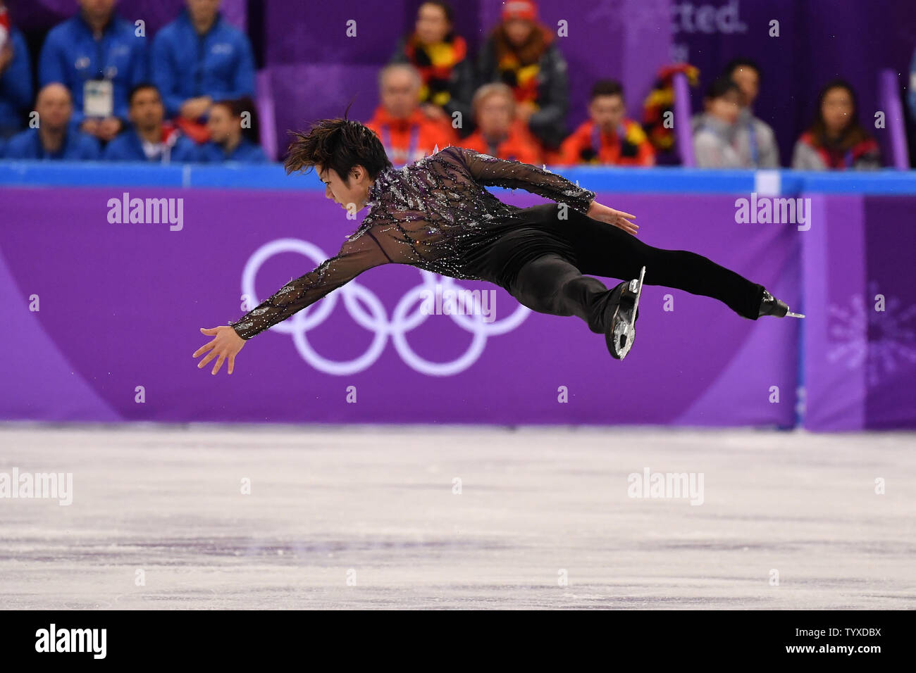 Abbildung Skater Shoma Uno von Japan während Männer Einzellauf kurzes Programm während der Olympischen Winterspiele 2018 Pyeongchang am Gangneung Ice Arena in Tainan, Südkorea am 9. Februar 2018. Foto von Richard Ellis/UPI Stockfoto