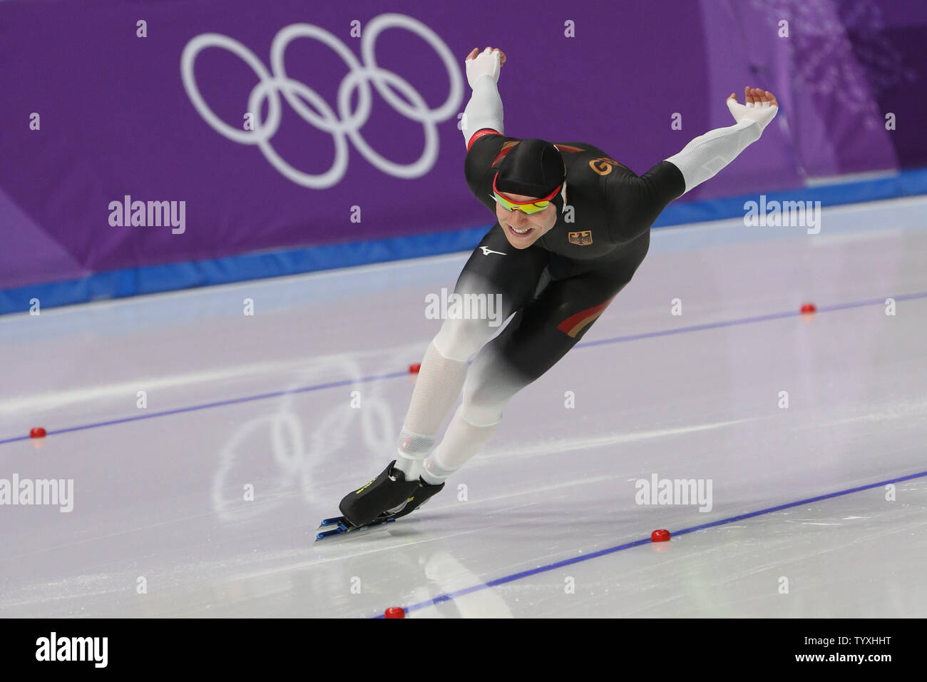 Nico Ihle von Deutschland steht im Finale der Männer 1000 m Eisschnelllauf am Gangneung Oval in Tainan, Südkorea, während der Olympischen Winterspiele 2018 Pyeongchang am 23. Februar 2018. Ihle beendete der 8. mit einer Zeit von 1:08.93 Minuten. Foto von Andrew Wong/UPI Stockfoto