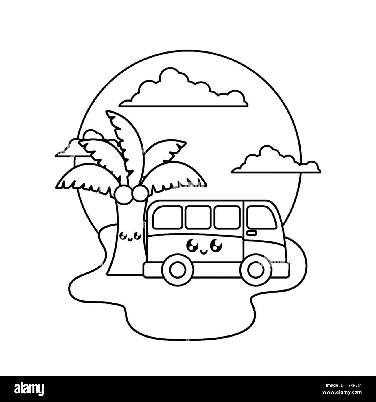 Van Fahrzeug mit Palm tropical Kawaii im Strand Vector Illustration Design Stock Vektor
