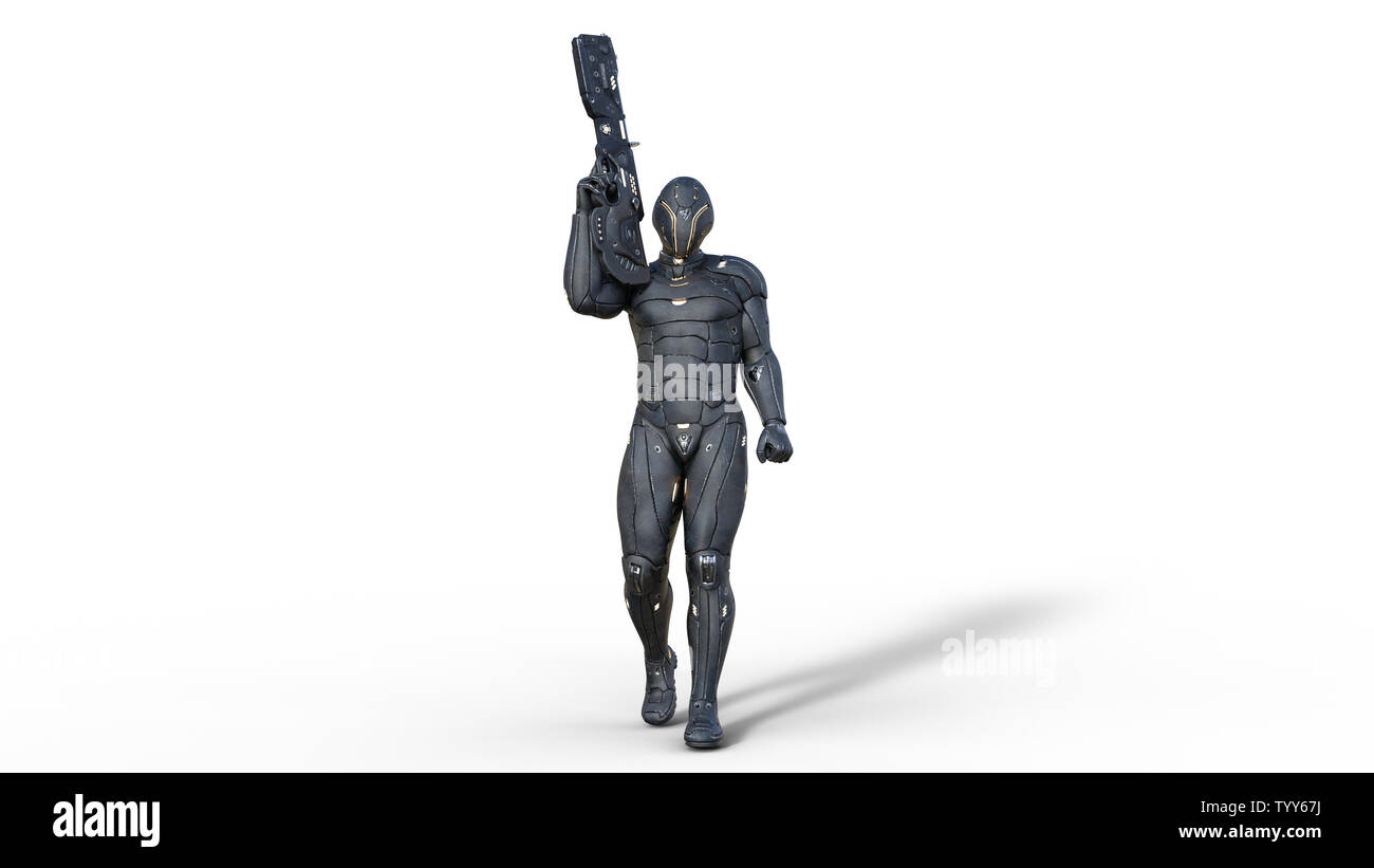 Futuristische android Soldat in bulletproof Rüstung, Militär Cyborg bewaffnet mit sci-fi Gewehr Pistole Wandern auf weißem Hintergrund, 3D-Rendering Stockfoto