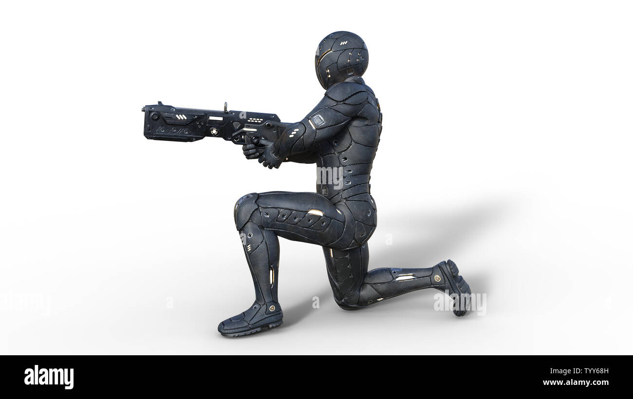 Futuristische android Soldat in bulletproof Rüstung, Militär Cyborg bewaffnet mit sci-fi Gewehr Pistole kniend und Schießen auf weißem Hintergrund, 3D-Rendering Stockfoto