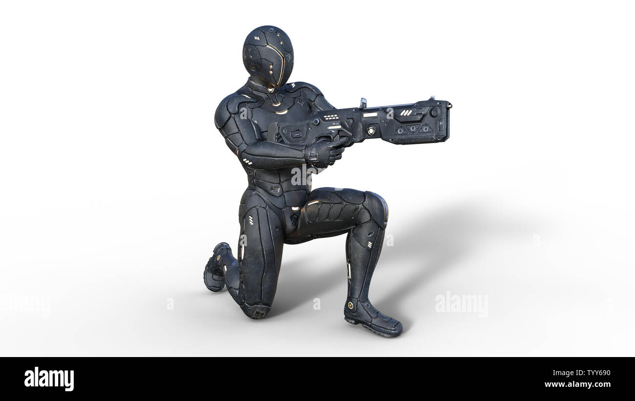 Futuristische android Soldat in bulletproof Rüstung, Militär Cyborg bewaffnet mit sci-fi Gewehr Pistole kniend auf weißem Hintergrund, 3D-Rendering Stockfoto