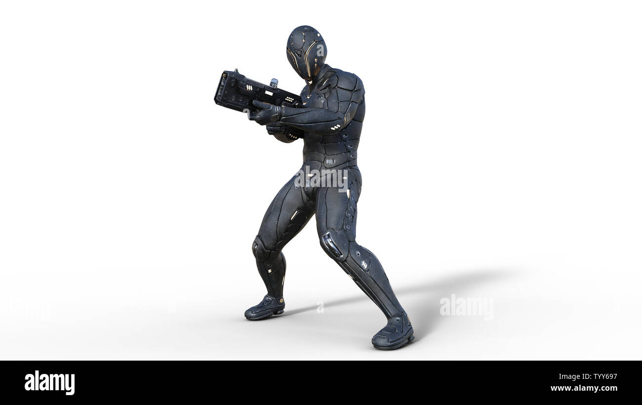 Futuristische android Soldat in bulletproof Rüstung, Militär Cyborg bewaffnet mit sci-fi Gewehr Pistole schiessen auf weißem Hintergrund, 3D-Rendering Stockfoto