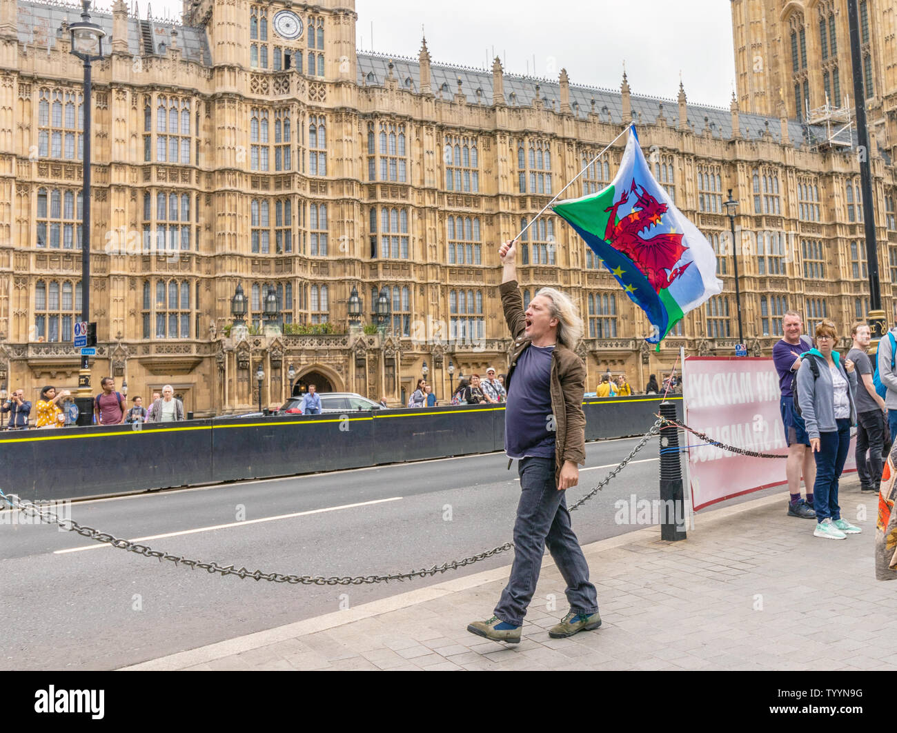 London/Großbritannien - 26. Juni 2019 - Pro-EU-demonstrant trägt Wales und Europäische Union Flaggen außerhalb des Parlaments in Westminster Stockfoto