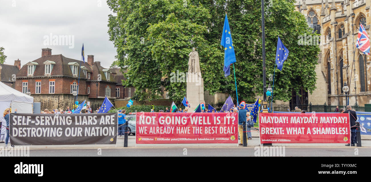 London/Großbritannien - 26. Juni 2019 - Pro-EU-Banner und Demonstranten mit Fahnen der Europäischen Union gegenüber dem Parlament in Westminster Stockfoto