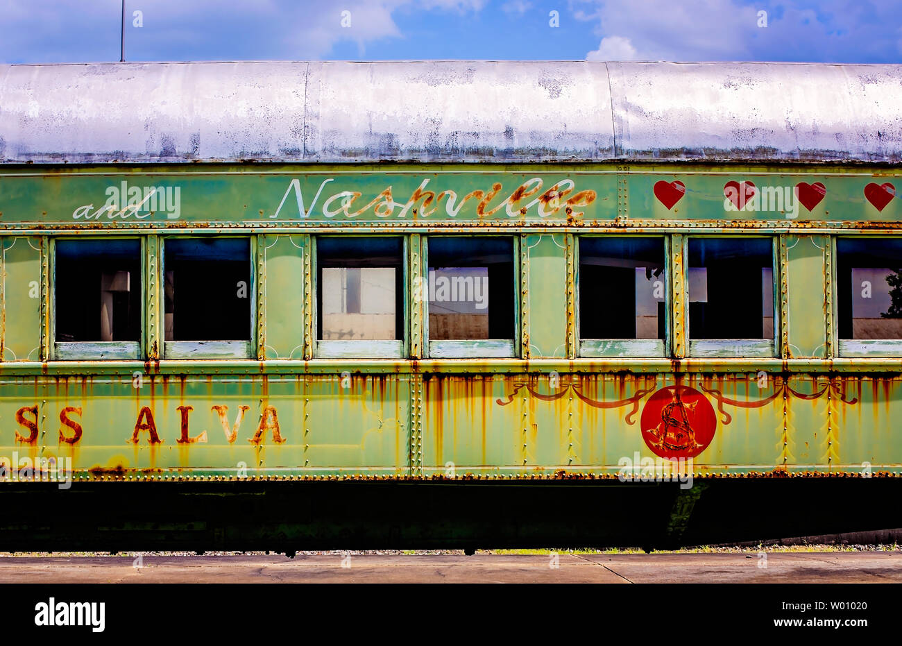 Eine 90-jährige Pullman sleeper Auto, in dem Film "benutzt hat, um dieses Merkmal wird verurteilt, sitzt hinter dem Meridian Railroad Museum in Meridian, Mississippi. Stockfoto