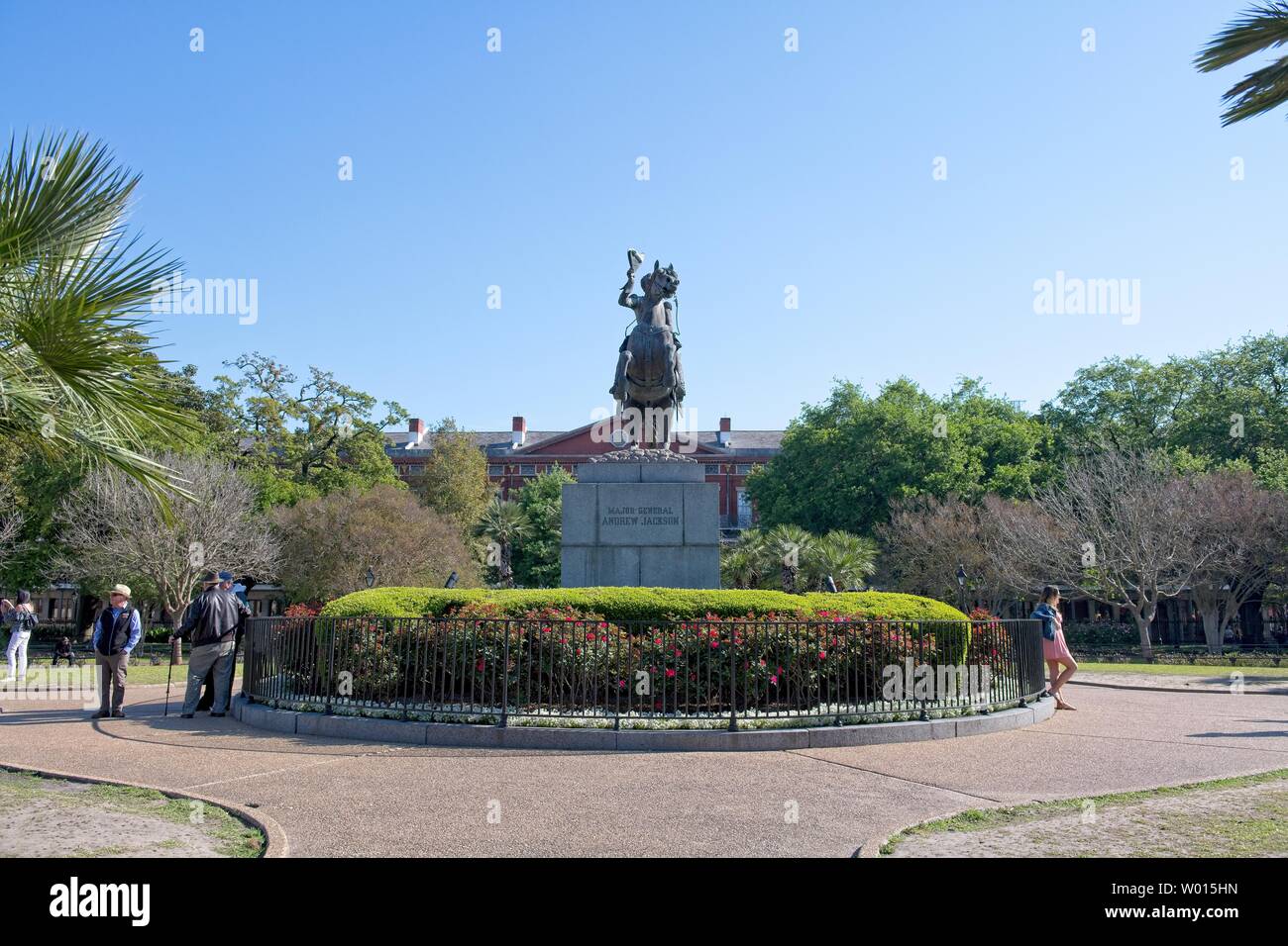 Eine Reiterstatue von Andrew Jackson auf dem historischen Jackson Square in New Orleans, Louisiana Stockfoto