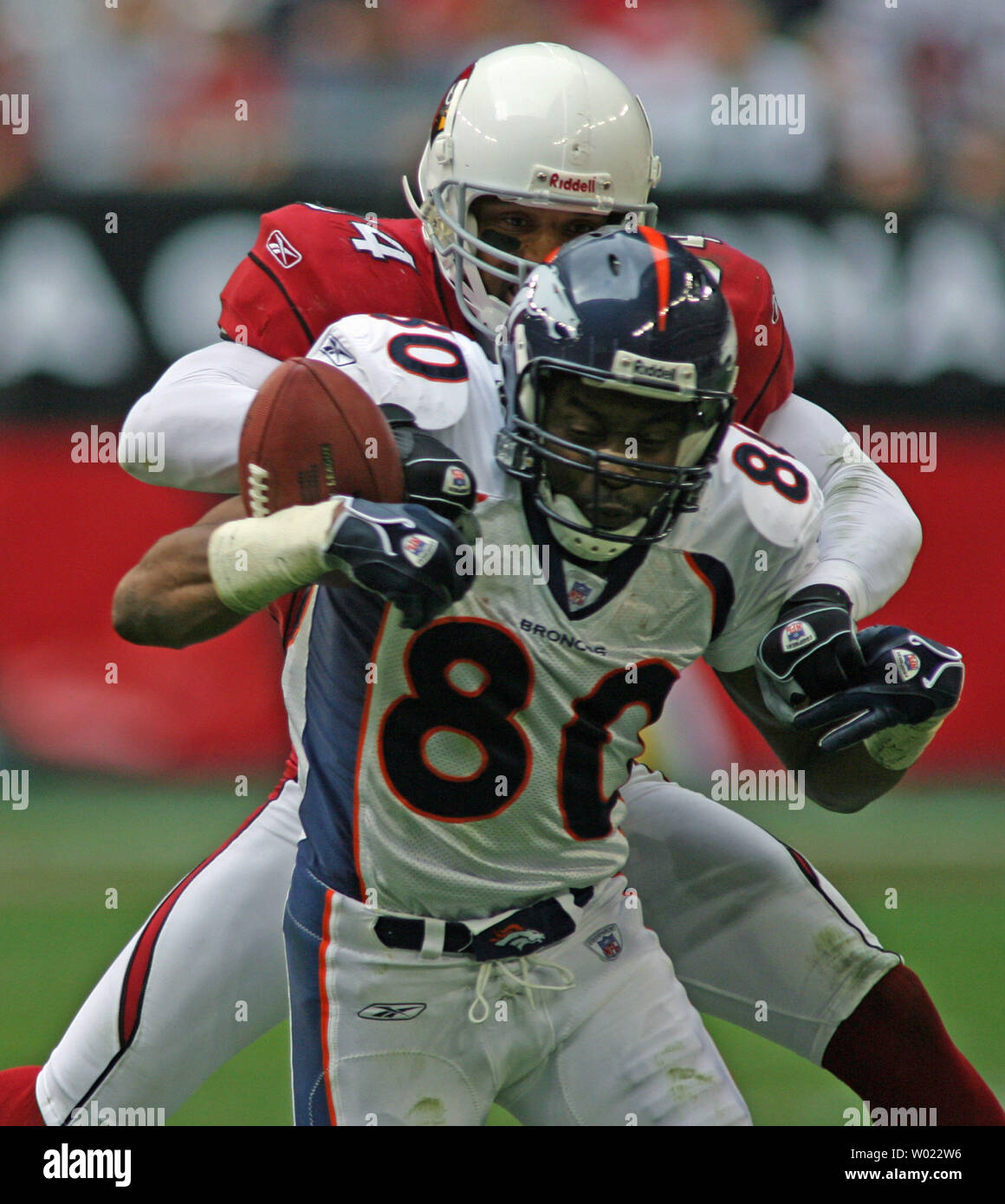 Denver Broncos wide receiver Rod Smith (80) verliert seinen Griff auf den Ball, als er während der ersten Hälfte Aktion an der University of Phoenix Stadium in Glendale, Arizona am 17. Dezember 2006 getroffen wird durch Arizona Cardinals Sicherheit Robert Griffith (34). (UPI Foto/Kunst Foxall) Stockfoto