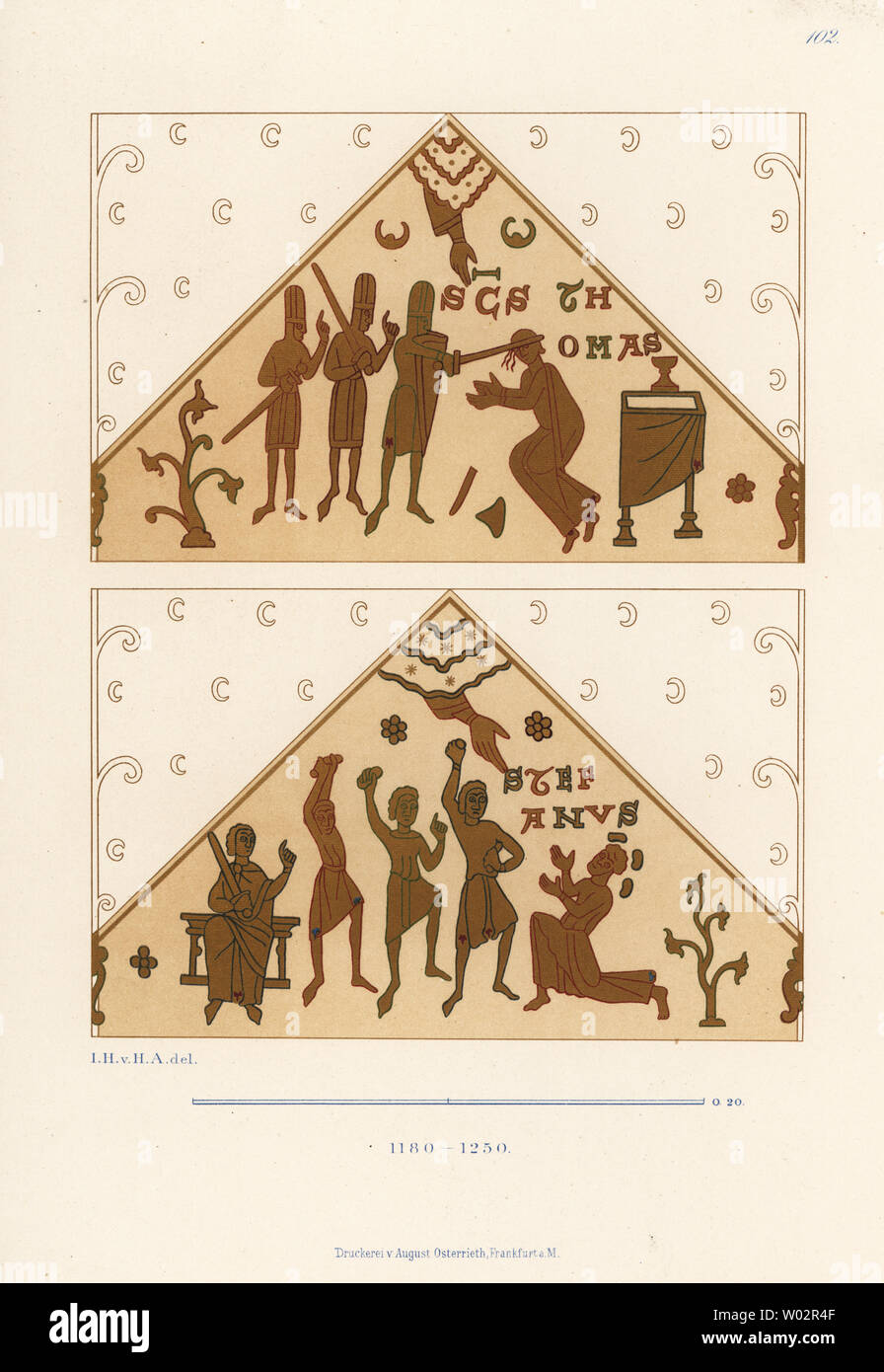 Bishop's Gehrungen zeigt das Martyrium des Thomas Becket von drei Ritter und die Steinigung des Heiligen Stephanus. Von Hefner-Alteneck Chromolithograph's Kostüme, Kunstwerke und Geräte vom Mittelalter bis in das 17. Jahrhundert, Frankfurt, 1889. Illustration von Dr. Jakob Heinrich von Hefner-Alteneck, Lithographiert von C.R. Dr. Hefner-Alteneck (1811 - 1903) war eine Deutsche, die die Kuratorin des Museums, Archäologe, Kunsthistoriker, Zeichner und Kupferstecher. Stockfoto