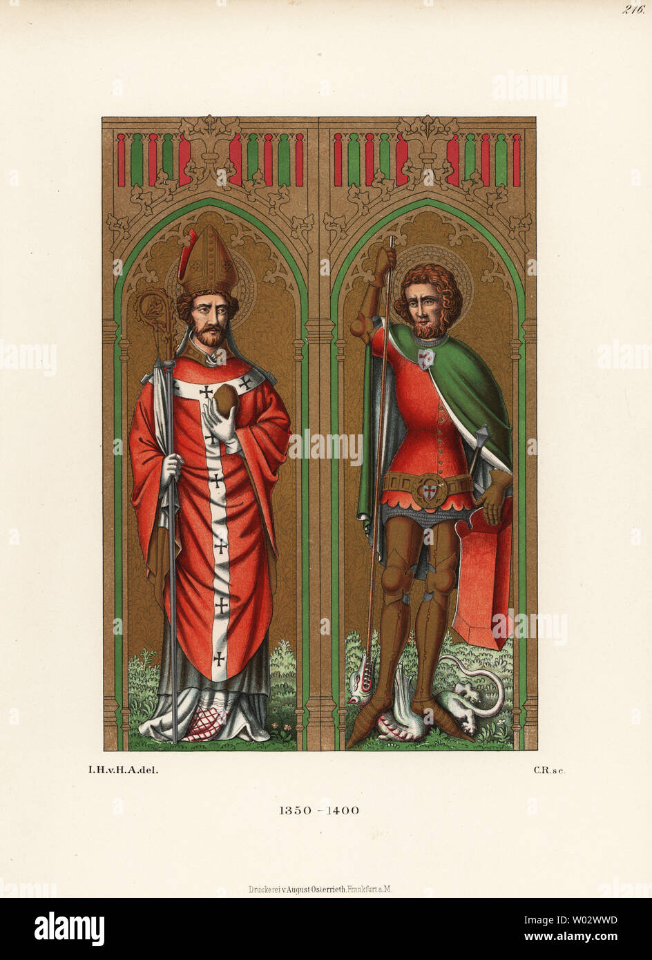 St. Nikolaus im Bishop's Roben und St. George slaying ein Drache. St. George in der Deutschen Ritter Rüstung des 14. Jahrhunderts, mit Kap, surcoat, Riemen, Lanze, Schild und Schwert. Von einem Gemälde in der Kolumba Museum der Erzdiözese Köln. Von Hefner-Alteneck Chromolithograph's Kostüme, Kunstwerke und Geräte vom Mittelalter bis in das 17. Jahrhundert, Frankfurt, 1889. Illustration von Dr. Jakob Heinrich von Hefner-Alteneck, Lithographiert von C.R. Dr. Hefner-Alteneck (1811 - 1903) war eine Deutsche, die die Kuratorin des Museums, Archäologe, Kunsthistoriker, Zeichner und Kupferstecher. Stockfoto