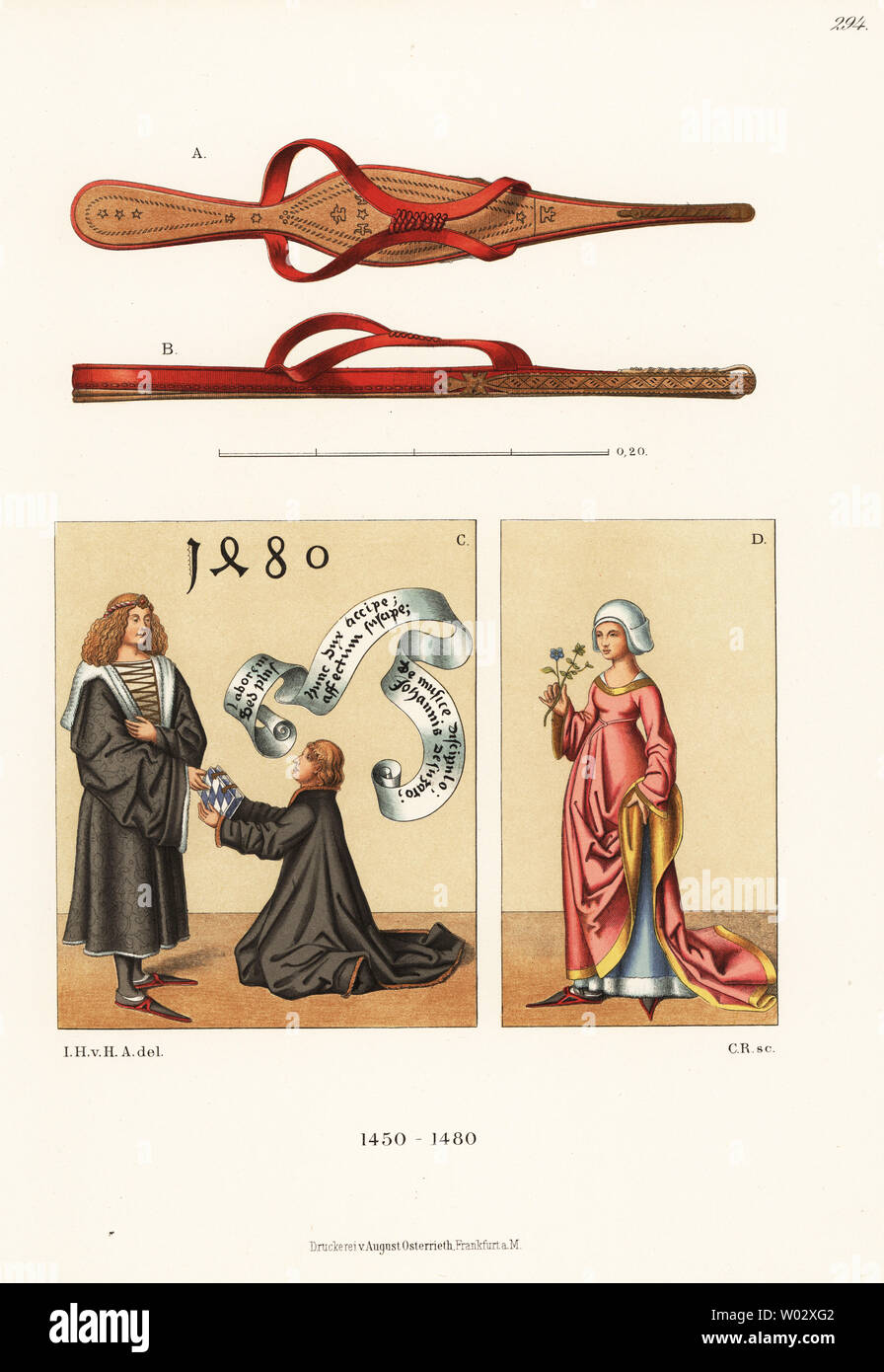 Schuhe und Kostüme von der Mitte des 15. Jahrhunderts. Mann in langen soutane und crakows aus einer Zeichnung in einem Manuskript auf der niederländischen Geschichte, Margarethe von Limburg. Frau in Kleid und poulaines vom Herzog von Freundschaft buch Sachsens. Chromolithograph von Hefner-Alteneck's Kostüme, Kunstwerke und Geräte vom Mittelalter bis in das 17. Jahrhundert, Frankfurt, 1889. Illustration von Dr. Jakob Heinrich von Hefner-Alteneck, Lithographiert von C.R. Dr. Hefner-Alteneck (1811 - 1903) war eine Deutsche, die die Kuratorin des Museums, Archäologe, Kunsthistoriker, Zeichner und Kupferstecher. Stockfoto