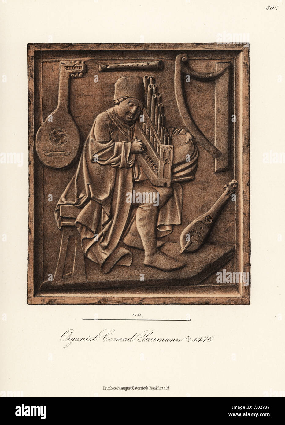 Conrad Paumann, blinden Renaissance deutscher Organist, Lautenist und Komponist, starb 1476. Er ist dargestellt spielen eine Schoossorgel oder portativ Orgel, mit Laute, Harfe und Recorder an der Wand. Von einem Flachrelief in rotem Marmor in der Frauenkirche, München. Von Hefner-Alteneck Chromolithograph's Kostüme, Kunstwerke und Geräte vom Mittelalter bis in das 17. Jahrhundert, Frankfurt, 1889. Illustration von Dr. Jakob Heinrich von Hefner-Alteneck, Lithographiert von C.R. Dr. Hefner-Alteneck (1811 - 1903) war eine Deutsche, die die Kuratorin des Museums, Archäologe, Kunsthistoriker, Zeichner und Kupferstecher. Stockfoto