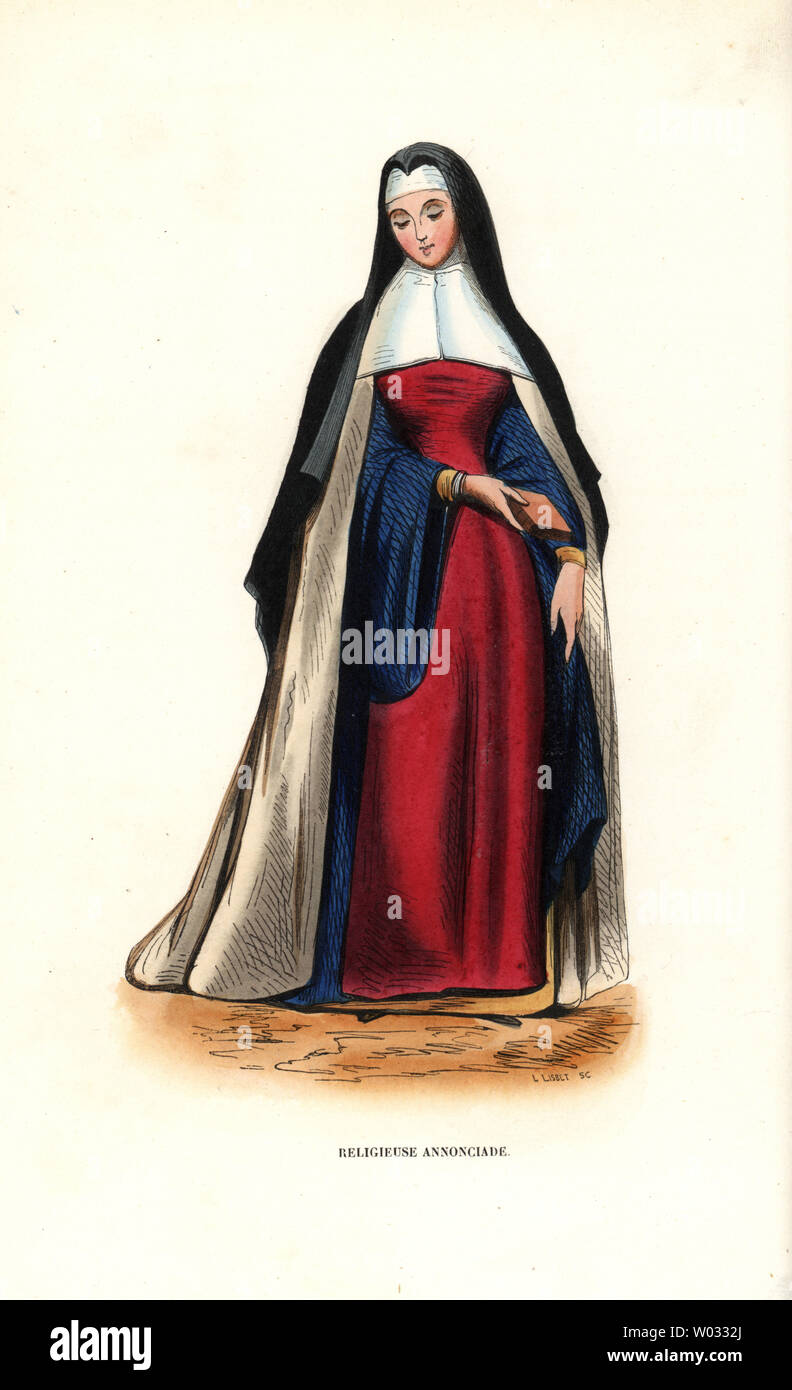 Nonne des Auftrags der Verkündigung der Heiligen Jungfrau Maria. Religieuse Annonciade. Papierkörbe Holzschnitt Kupferstich von L. Lisbet nach einer Illustration von Jacques Charles Bar von Abt Tiron's Histoire et Kostüme des Ordres Religieux, Librairie Historique-Artistique, Brüssel, 1845. Stockfoto