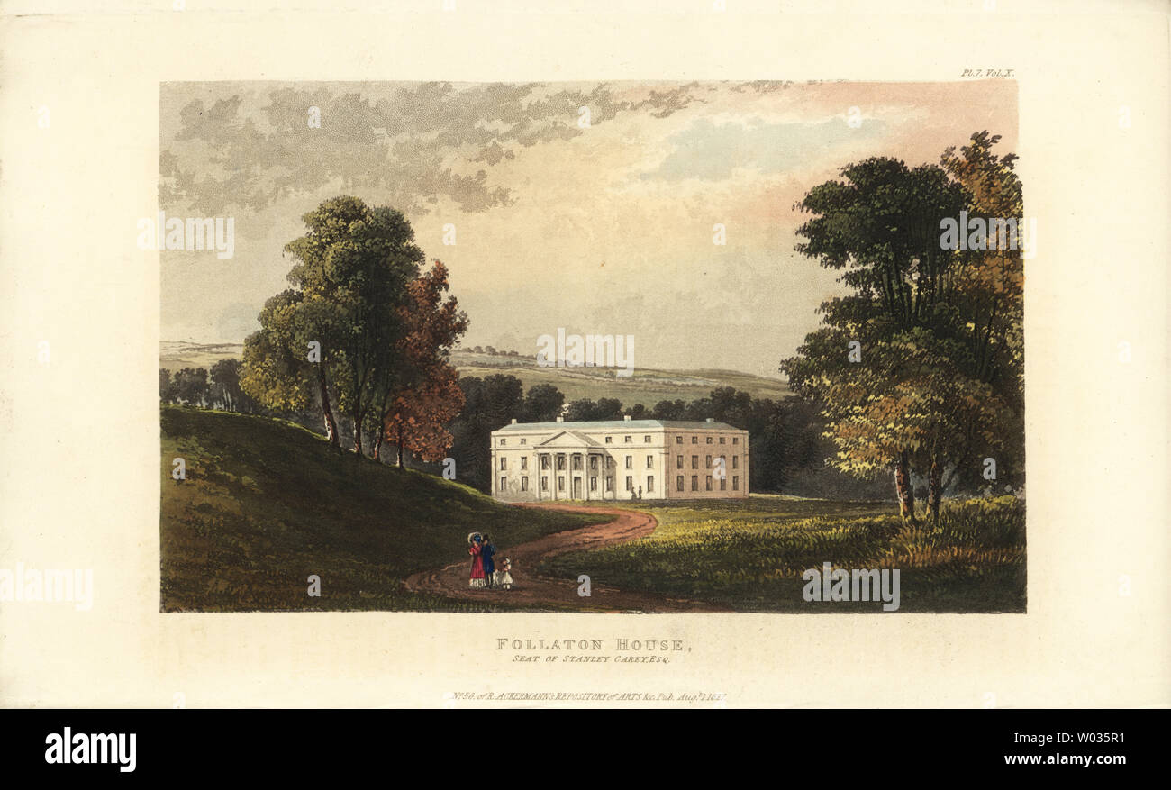 Follaton House, Sitz der Stanley Carey, Totnes Devon. Nach den Plänen des Architekten George Stanley Repton im Jahr 1826 erbaut. Papierkörbe Kupferstich von Rudolph Ackermann im Repository des Arts, London, 1827. Stockfoto