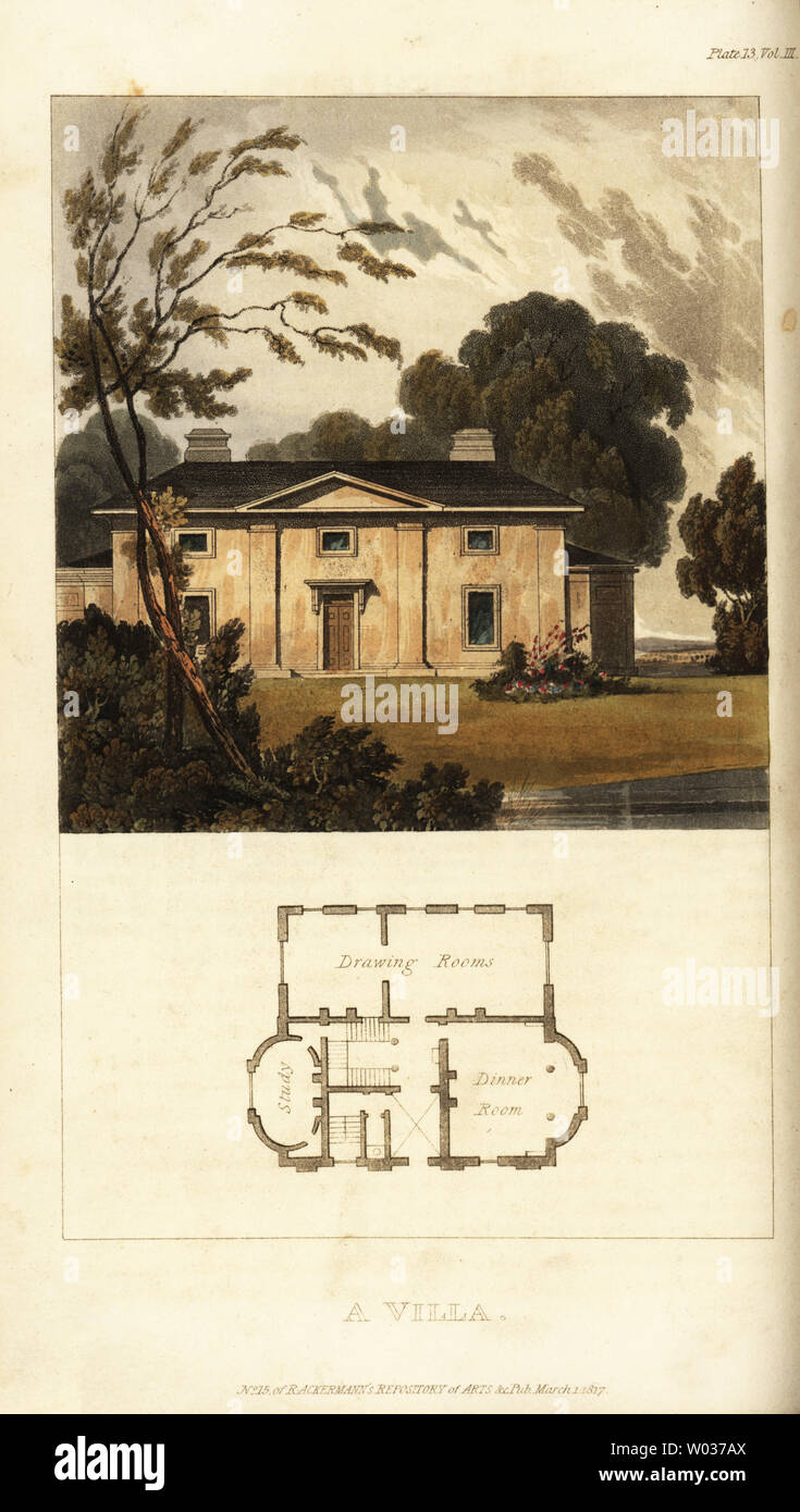 Plan und Erhebung von Regency Villa. Raumplan zeigt Zeichnung, Abendessen Zimmer und Studieren.. Papierkörbe Kupferstich von Rudolph Ackermann im Repository des Arts, London, 1817. Stockfoto