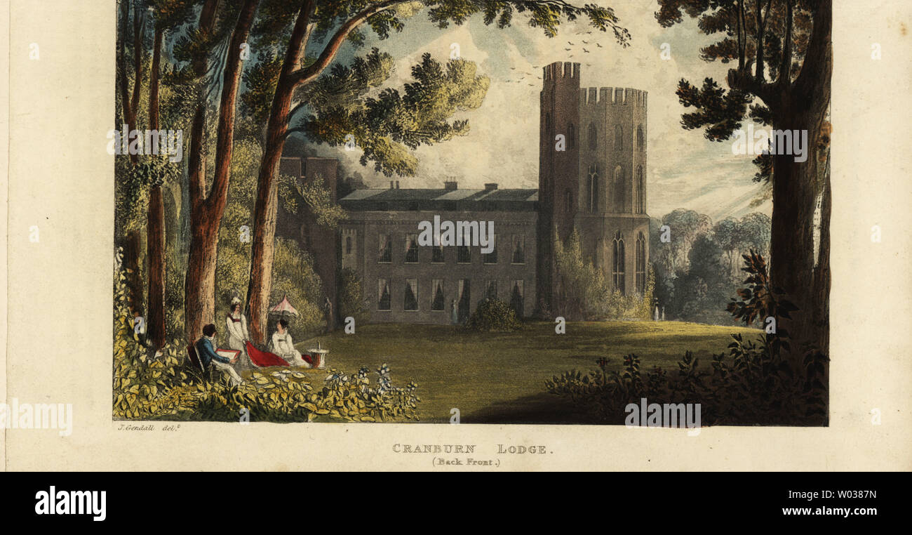 Cranburn oder Cranbourne Lodge, der Keeper Lodge auf der königlichen Jagdrevier von CRANBOURNE Jagen. Hintere Ansicht der Turm. Papierkörbe Kupferstich nach einer Illustration von John Gendall von Rudolph Ackermann im Repository des Arts, London, 1823. Stockfoto