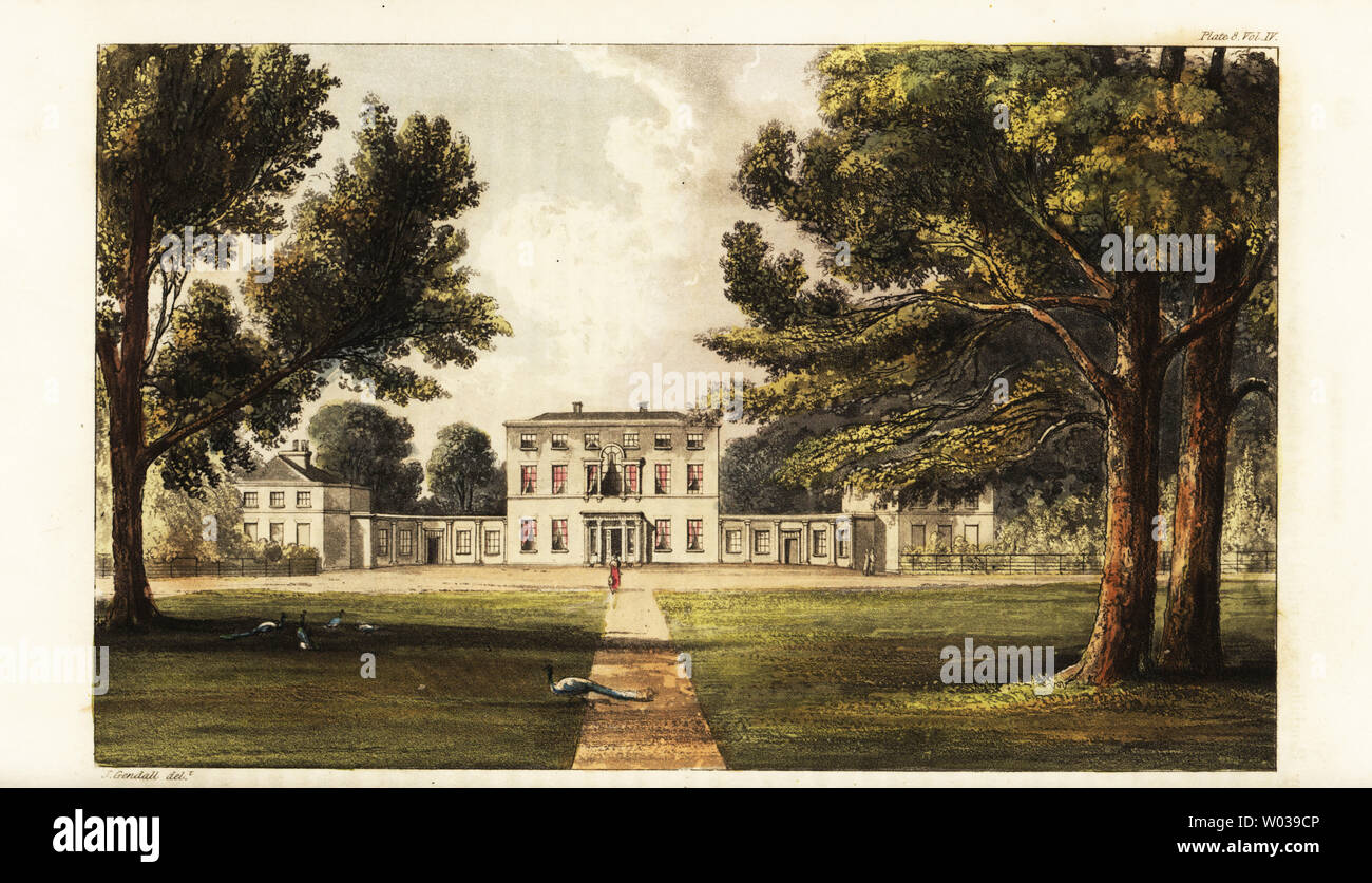 Riching's House, Iver, Buckinghamshire, Sitz der Mitglied des Europäischen Parlaments John Sullivan. Papierkörbe Kupferstich nach einer Illustration von John Gendall von Rudolph Ackermann im Repository des Arts, London, 1823. Stockfoto