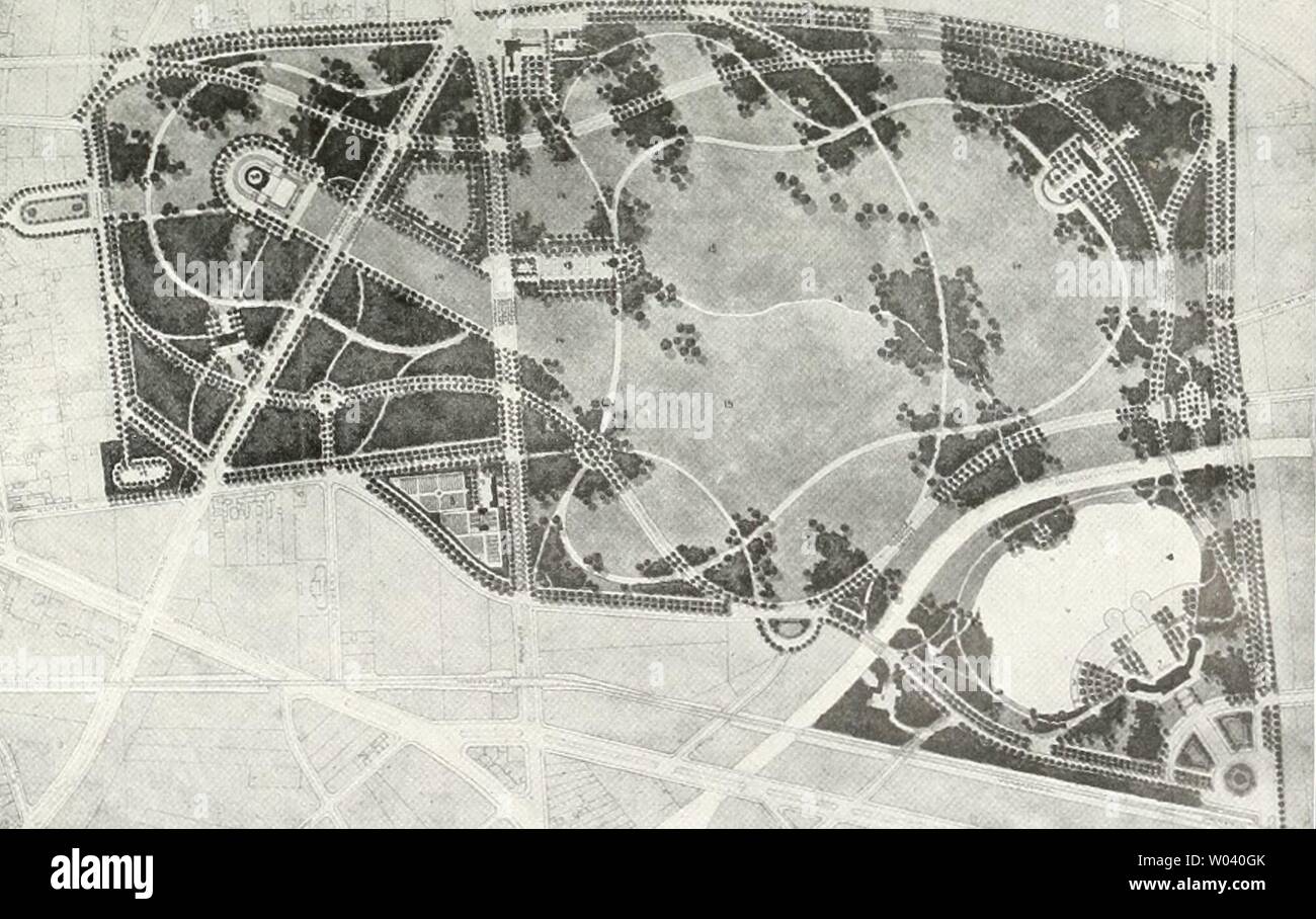 Archiv Bild von Seite 226 sterben Gartenkunst (1899). Die Gartenkunst diegartenkunst 10 5Mose Jahr: 1899 Ansicht zum wettbewerbsentwurf "Elbau' für den Stadtpark Hamburg-Winterhude. Blick 'auf das Hauptrestaurant. Auf diesem Gelände soll ein Wasserturm, der im Entwurf bereits Rix und fertig ist, errichtet werden. Er weist ungewöhnliche große Abmessungen auf. Seine Höhe beträgt 58 m über dem Boden, sein Durch-messer 32 zu 29 m, auch ein ganz gewaltiges Bauwerk. Durch Beschlüsse der maßgebenden Hamburger Ver-waltungskörperschaften ist bestimmt worden, daß er mit dem höchsten Punkt des Geländes, Stockfoto