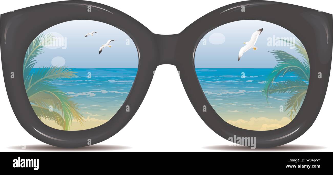 Sommer Sonnenbrille mit einer Reflexion eines tropischen Strand, Palmen, Meer, Möwen. Gläser auf einem weißen Hintergrund. Stock Vektor