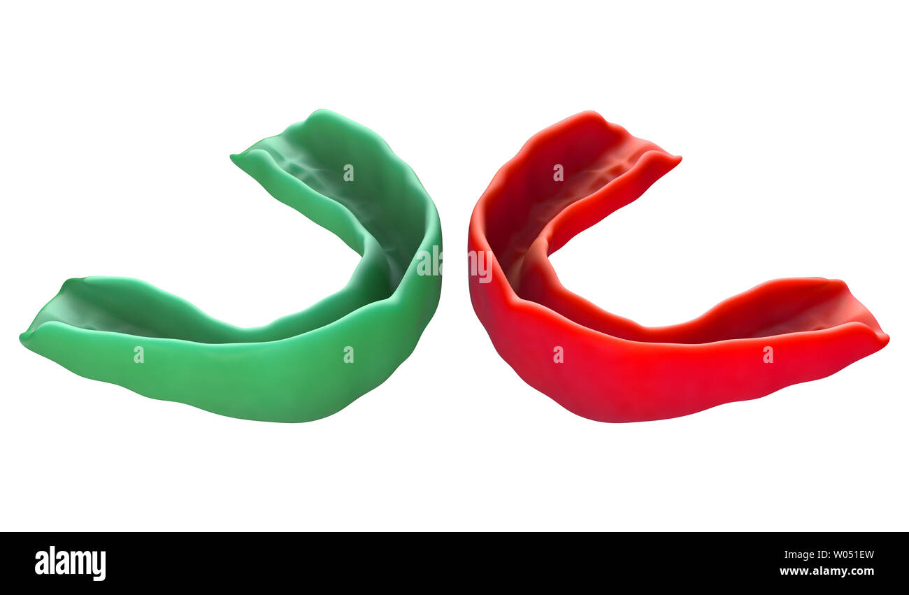 Zwei regelmäßig geformten sport Gummi Wachen in verschiedenen Farben gegeneinander auf einem isolierten Hintergrund - 3D-Rendering Stockfoto