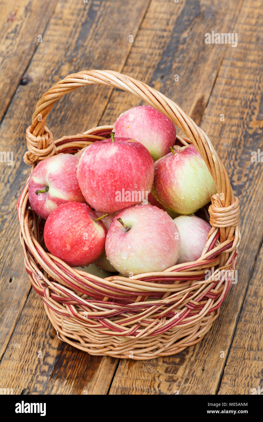Reife äpfel mit Wassertropfen im Weidenkorb auf alten Brettern. Flache Tiefenschärfe, Ansicht von oben. Stockfoto