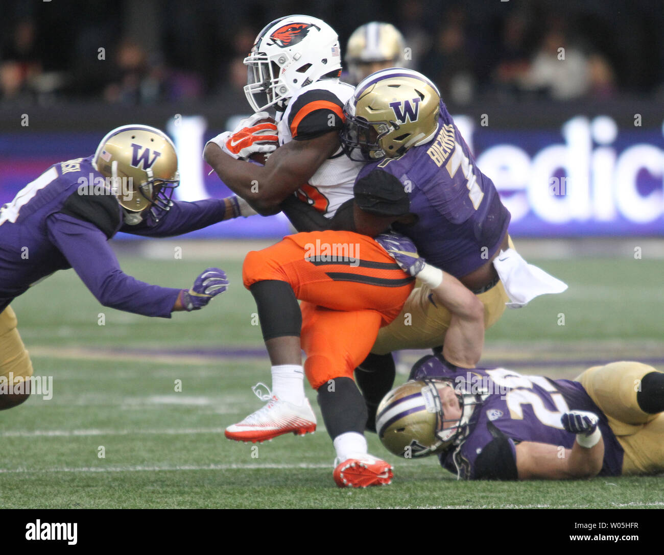 Oregon State Beavers zurück läuft Tim Cook (20), ist für keinen Gewinn durch Washington Huskies Defensive zurück Austin Joyner (4) und linebacker Keishawn Bierria (7) und Washington Schlittenhunde linebacker Connor O'Brien (29) Im zweiten Quartal bei Husky Stadium Oktober 22, 2016 in Seattle gestoppt. Die Huskies schlagen die Biber 41-17. Foto von Jim Bryant/UPI Stockfoto