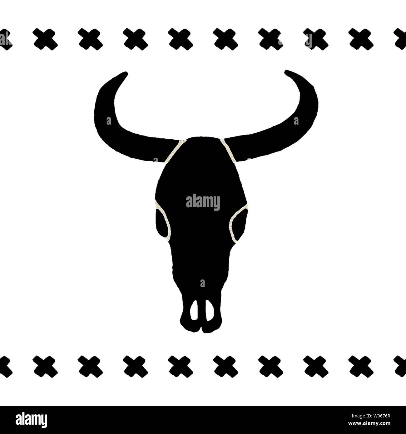 Vector schwarz Schädel Büffel, Stier oder Kuh auf einem weißen Hintergrund. Handgezeichneten Grafiken. Wild West das Symbol. Vintage emblem Kuh Schädel mit Hörner. Stock Vektor