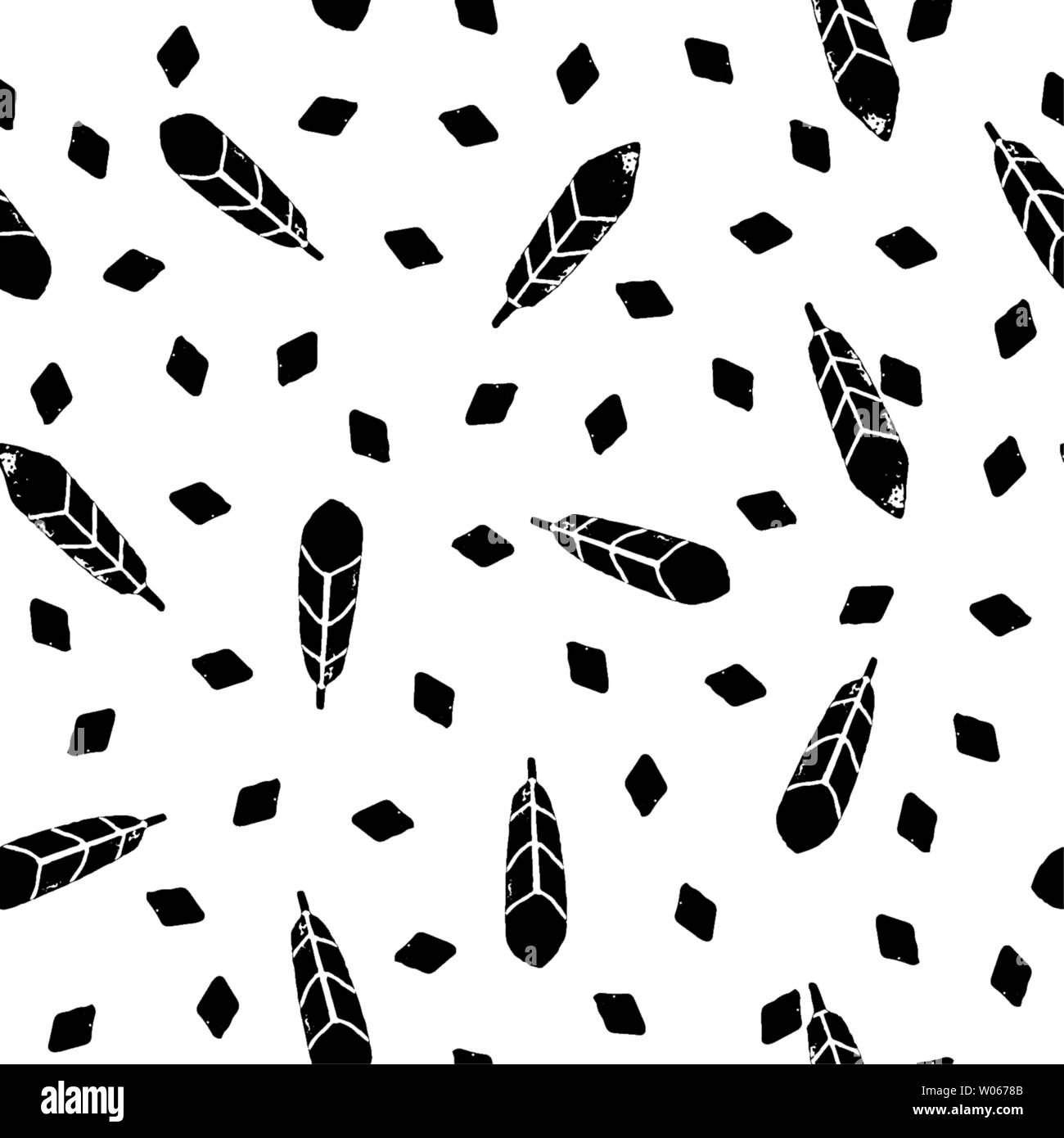 Federn und Diamanten Vektor Hand zeichnen nahtlose Muster. Monohrome Hintergrund. Ethnische einfachen Stil. Vintage Karte für Fabric Design. Stock Vektor