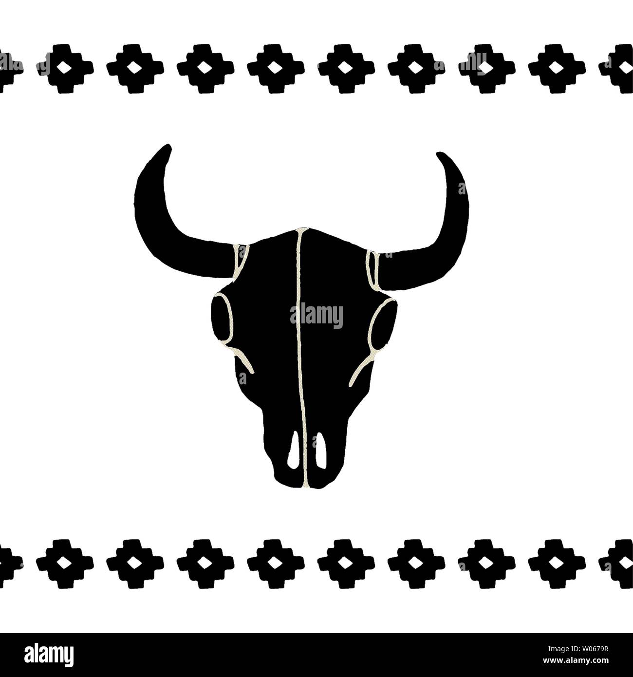 Vector schwarz Schädel Büffel, Stier oder Kuh auf einem weißen Hintergrund. Handgezeichneten Grafiken. Wild West das Symbol. Vintage emblem Kuh Schädel mit Hörner. Stock Vektor
