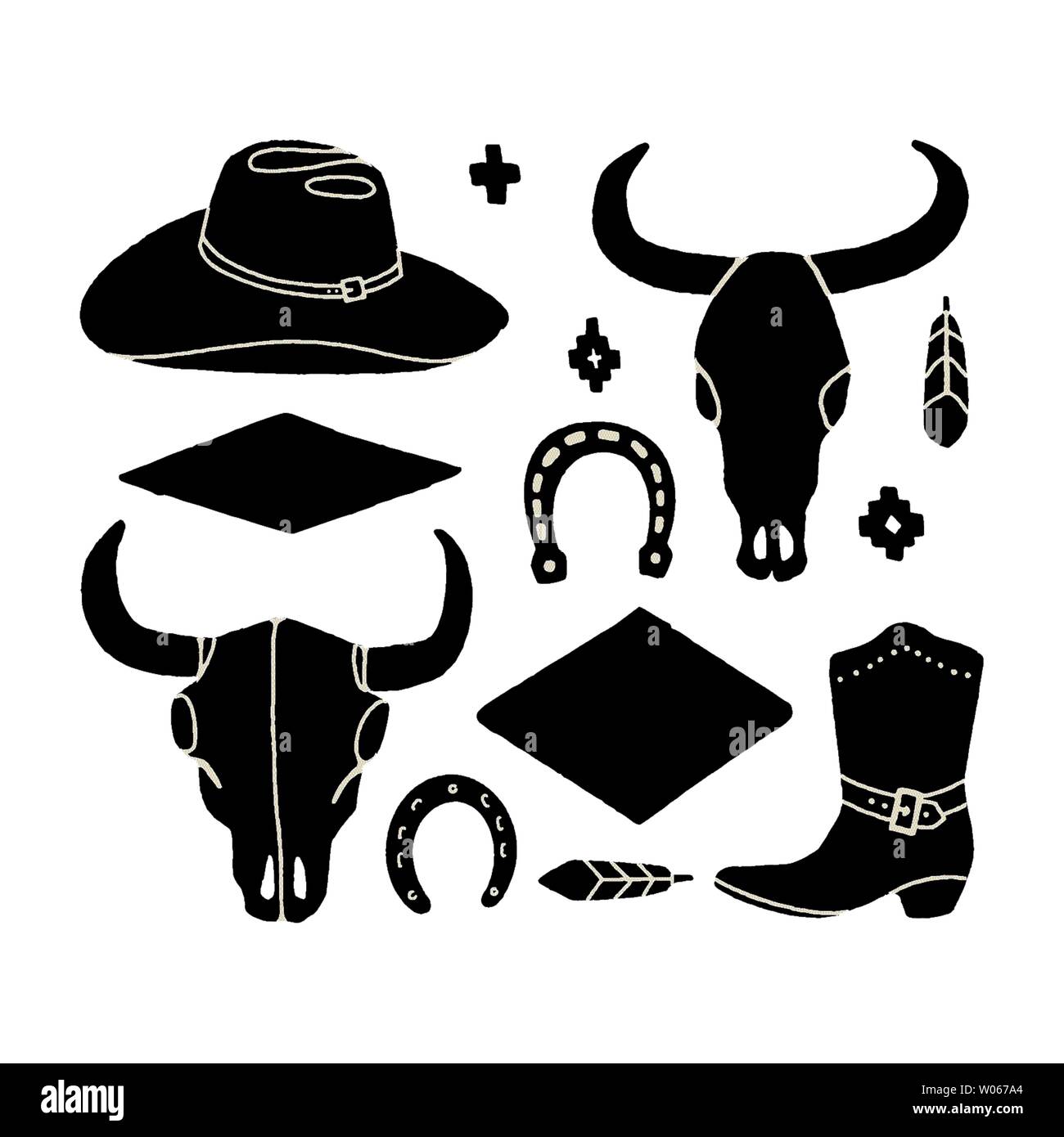 Vektor einrichten von Hand zeichnen Elemente des Wilden Westens. Cowboy Western Symbole in Schwarzweiß. Designelemente für Logo, Label, Emblem, Zeichen, Abzeichen. Cowboy ha Stock Vektor