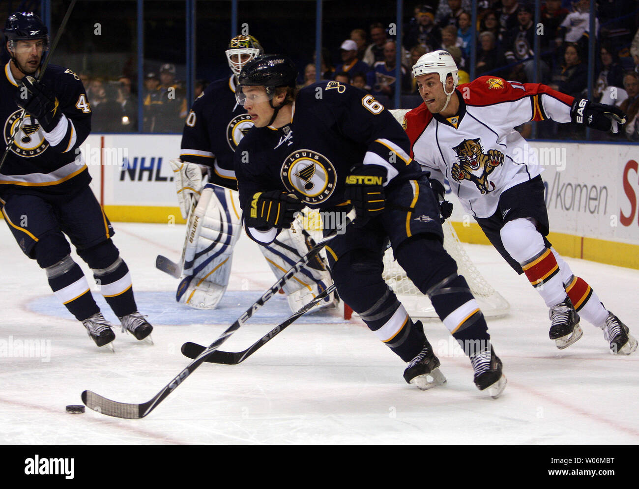 Florida Panthers Gregory Campbell (R) bleibt mit St. Louis Blues Erik Johnson Johnson bringt den Puck aus seiner Zone während der ersten Zeit im Scottrade Center in St. Louis am 31. Oktober 2009. UPI/Rechnung Greenblatt Stockfoto