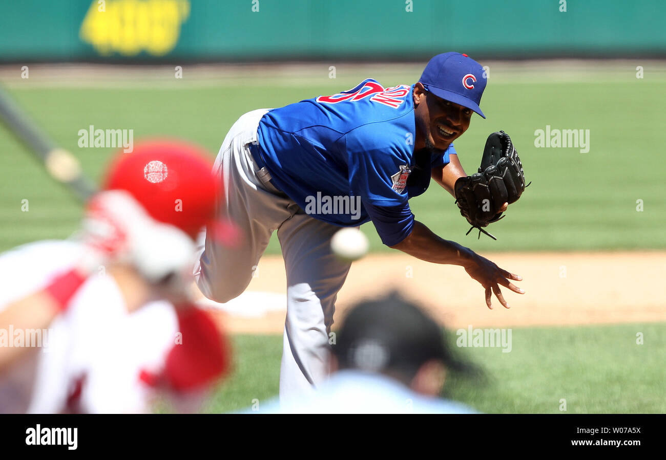 Chicago Cubs Edwin Jackson liefert einen Pitch auf die St. Louis Cardinals im vierten Inning am Busch Stadium in St. Louis am 11. August 2013. UPI/Rechnung Greenblatt Stockfoto