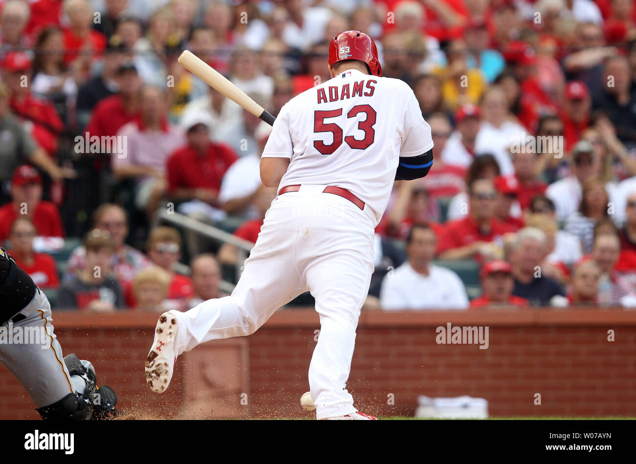 St. Louis Cardinals Matt Adams versucht, aus der Art und Weise einer Pittsburgh Pirates A.J. zu erhalten Burnett Pitch im dritten Inning in Spiel 1 der National League Division Series am Busch Stadium in St. Louis am 3. Oktober 2013. Adams nahm ersten Base nach Hit in den Fuß. UPI/Rechnung Greenblatt Stockfoto