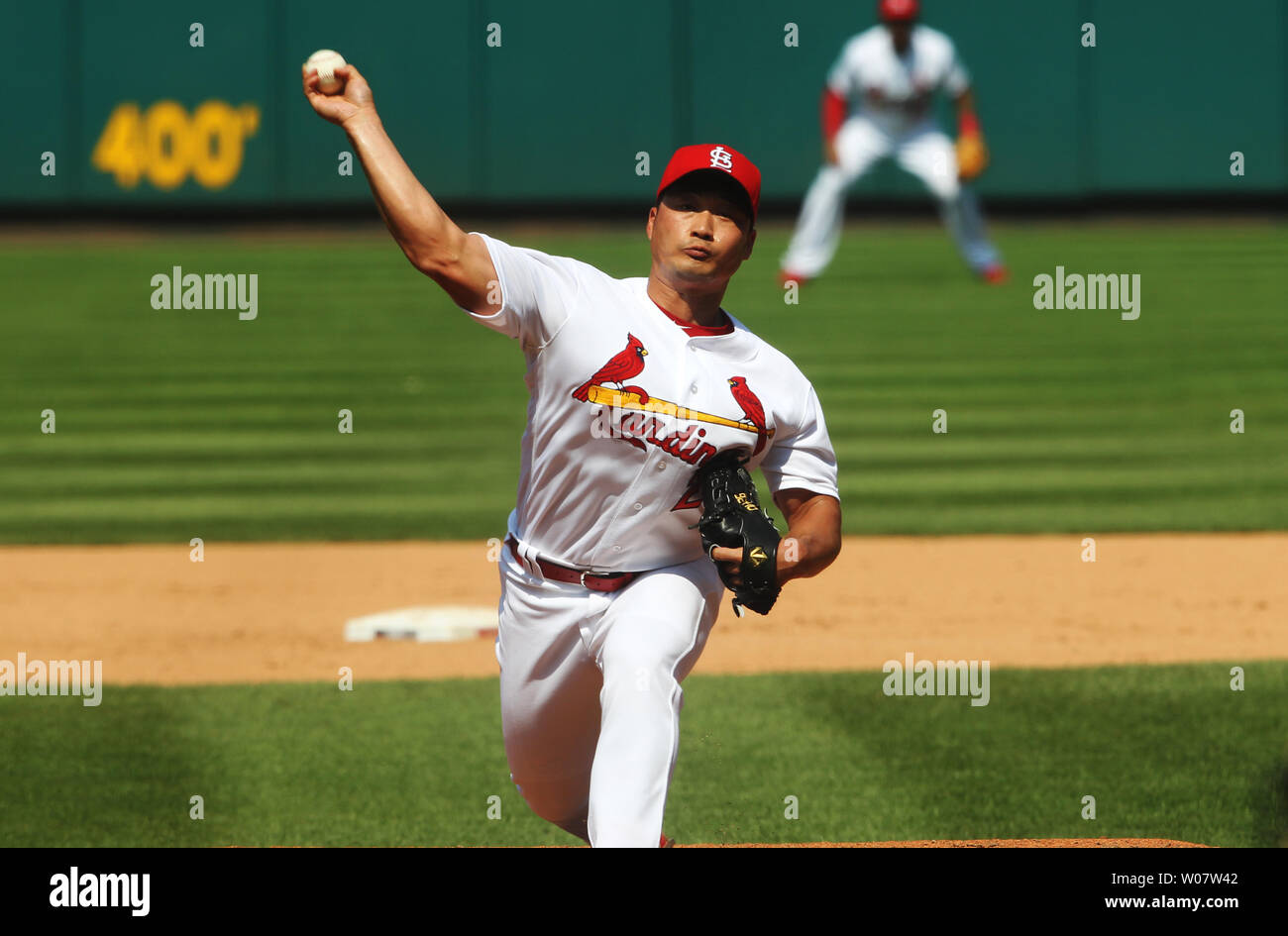 St. Louis Cardinals Krug Seung Hwan Oh liefert einen Pitch auf den San Diego Padres am Busch Stadium in St. Louis am 20. Juli 2016. Foto von Bill Greenblatt/UPI Stockfoto