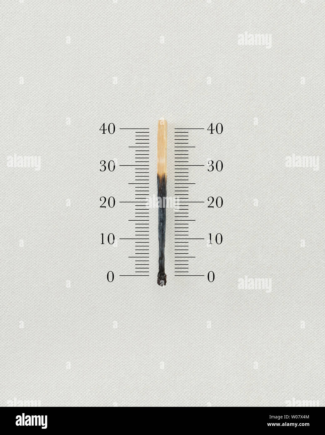 Thermometer von einer gebrannten Match auf weißem Hintergrund. Stockfoto