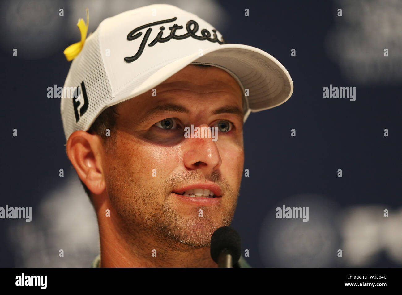 PGA Golfspieler Adam Scott spricht über seinen zweiten Platz bei der dritten Runde der PGA Meisterschaft bei Bellerive Country Club in Stadt und Land, Missouri am 11. August 2018. Foto von Bill Greenblatt/UPI Stockfoto