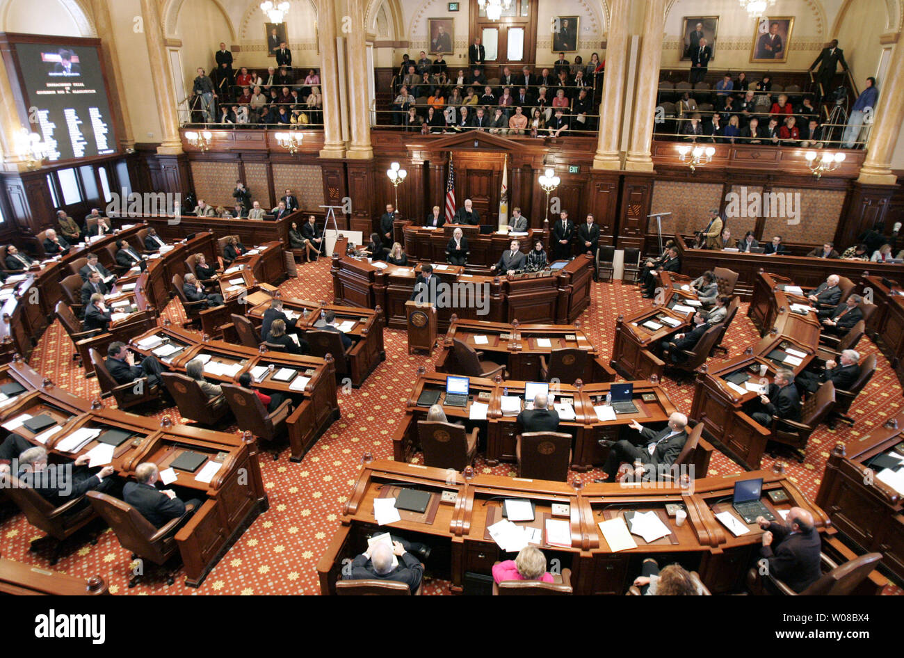 Illinois reg. Rod Blagojevich Adressen der Illinois Senat auf seine Amtsenthebung Versuch an der Illinois State Capitol in Springfield, Illinois, am 29. Januar 2009. (UPI Foto/Markierung Cowan) Stockfoto