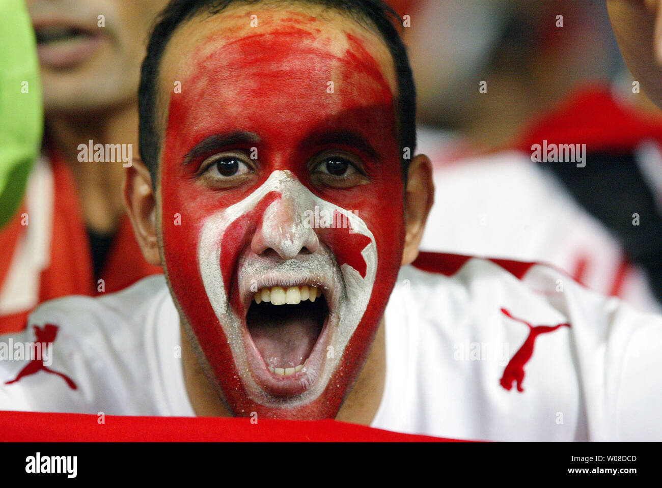 Eine tunesische Lüfter mit bemaltem Gesicht cheers auf seiner Mannschaft gegen Spanien bei der Fußball-WM in Stuttgart, Deutschland, die am 19. Juni 2006. Spanien besiegt Tunesien 3-1. (UPI Foto/Arthur Thill) Stockfoto