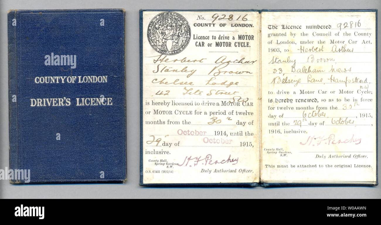 Führerschein und Abdeckung 1915 von London County Council ausgestellt Stockfoto