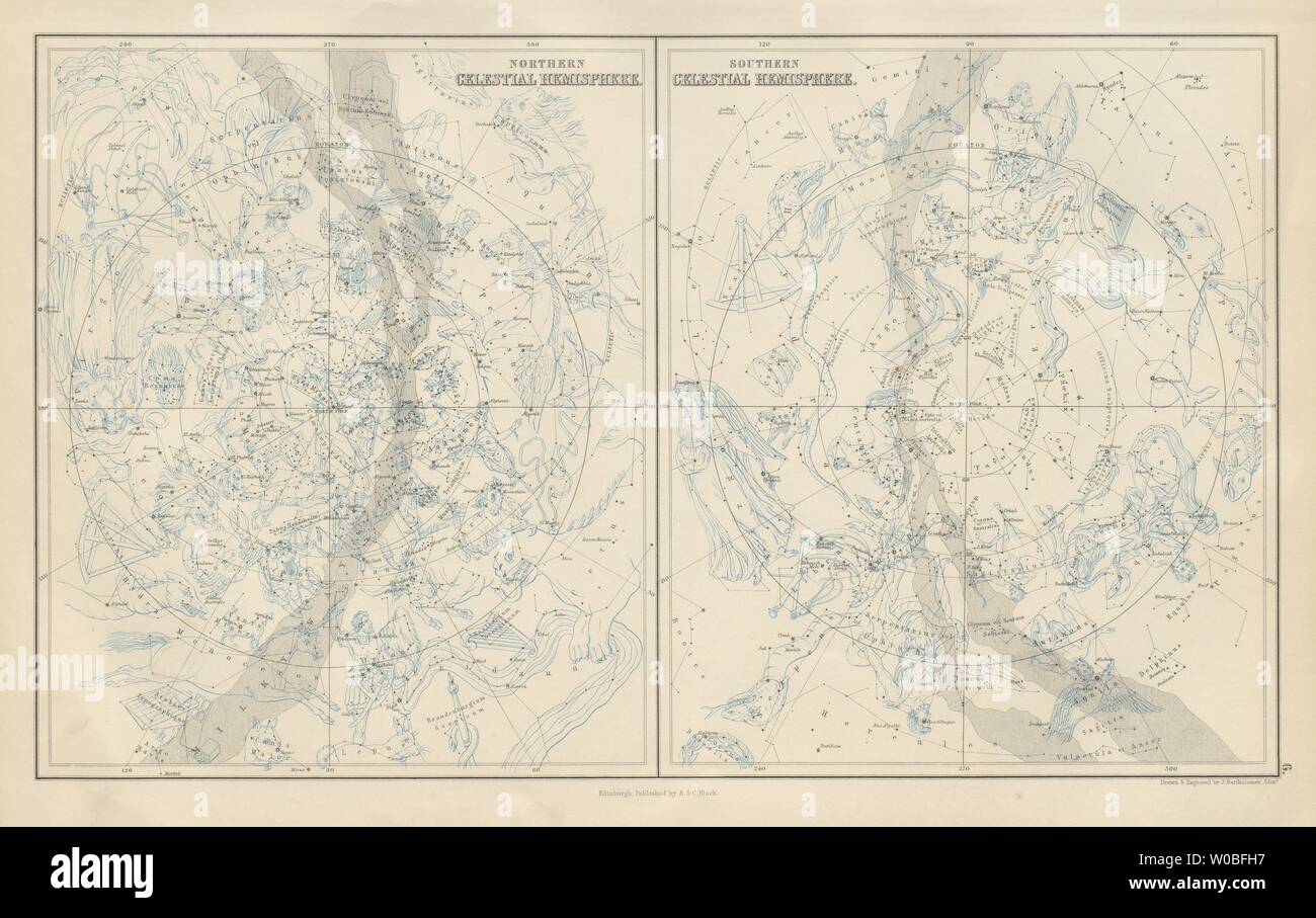 Norden & Süden Celestial Hemisphären. Star Charts. Bartholomäus 1882 Karte Stockfoto