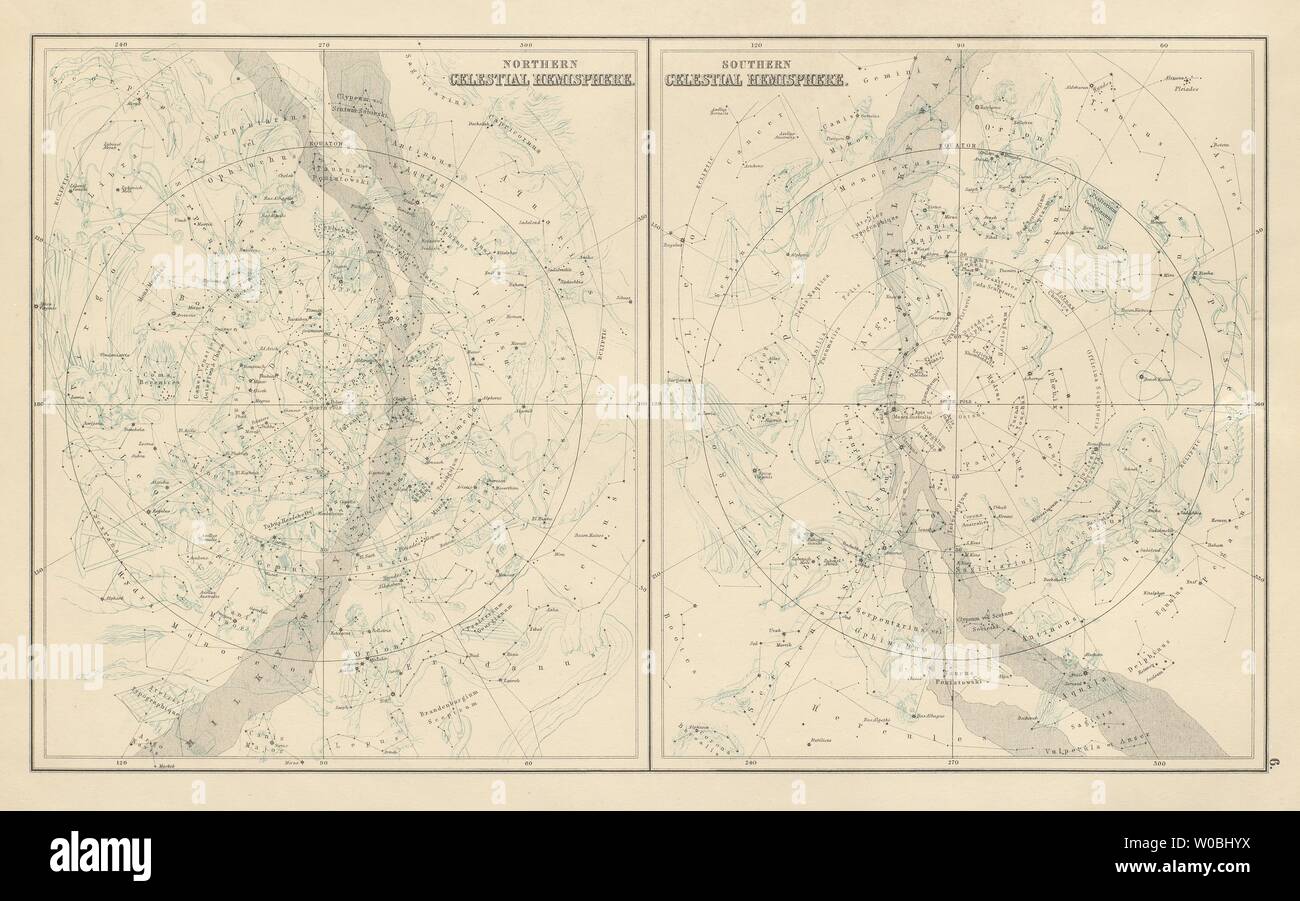 Norden & Süden Celestial Hemisphären. Star Charts. Bartholomäus 1898 Karte Stockfoto