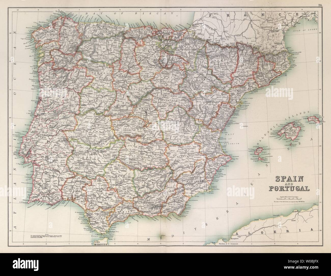 Spanien und Portugal in den Provinzen. Iberia. Bartholomäus 1898 alte antike Karte Stockfoto